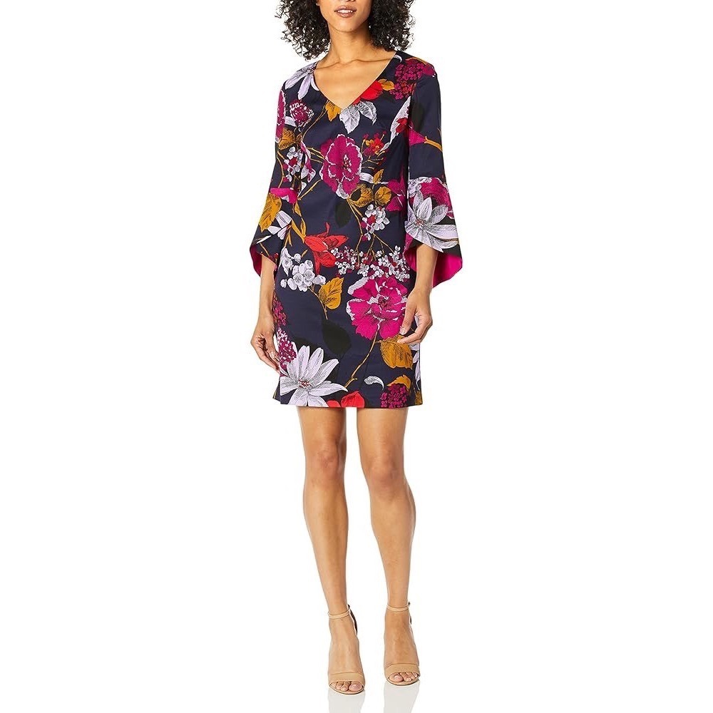 Trina Turk Navy Floral V-Neck‎ Bell Sleeve Shift Dress Size 0 Ottoman Knit